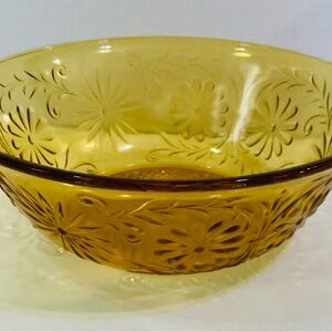 Vintage Amber Glass Serving Bowl Floral & Sunburst Design